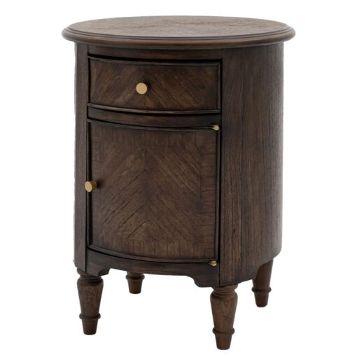 Rustic Country Farmhouse Dark Coffee Brown Mindi Wood 1 Drawer 1 Door Round Bedside Cabinet Side Table With Hand Carved Legs Rustic Country Farmhouse Dark Coffee Brown Mindi Wood 1 Drawer 1 Door Round Bedside Cabinet Side Table With Hand Carved Legs