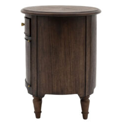 Rustic Country Farmhouse Dark Coffee Brown Mindi Wood 1 Drawer 1 Door Round Bedside Cabinet Side Table With Hand Carved Legs