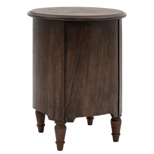 Rustic Country Farmhouse Dark Coffee Brown Mindi Wood 1 Drawer 1 Door Round Bedside Cabinet Side Table With Hand Carved Legs Rustic Country Farmhouse Dark Coffee Brown Mindi Wood 1 Drawer 1 Door Round Bedside Cabinet Side Table With Hand Carved Legs