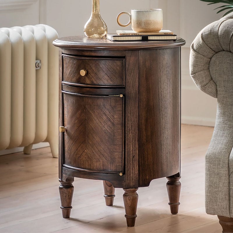 Rustic Country Farmhouse Dark Coffee Brown Mindi Wood 1 Drawer 1 Door Round Bedside Cabinet Side Table With Hand Carved Legs Rustic Country Farmhouse Dark Coffee Brown Mindi Wood 1 Drawer 1 Door Round Bedside Cabinet Side Table With Hand Carved Legs