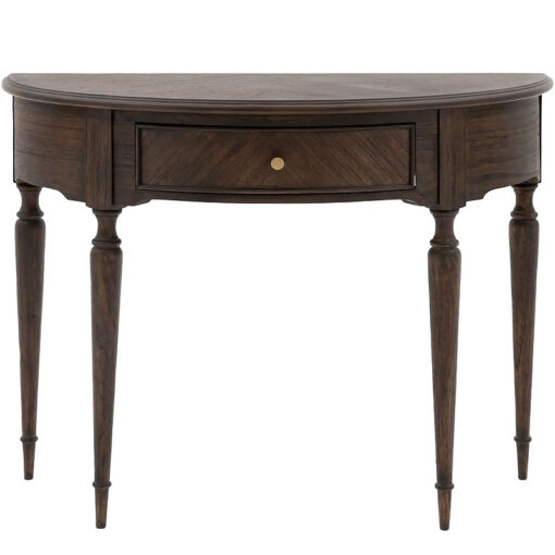 Rustic Country Farmhouse Dark Coffee Brown Mindi Wood 1 Drawer Half Moon Console Table With Hand Carved Legs