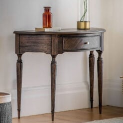 Rustic Country Farmhouse Dark Coffee Brown Mindi Wood 1 Drawer Half Moon Console Table With Hand Carved Legs