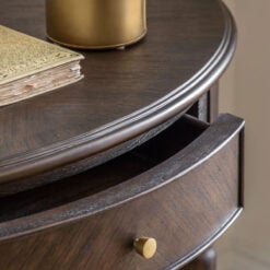 Rustic Country Farmhouse Dark Coffee Brown Mindi Wood 1 Drawer Half Moon Console Table With Hand Carved Legs