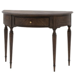 Rustic Country Farmhouse Dark Coffee Brown Mindi Wood 1 Drawer Half Moon Console Table With Hand Carved Legs