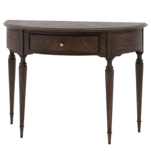 Rustic Country Farmhouse Dark Coffee Brown Mindi Wood 1 Drawer Half Moon Console Table With Hand Carved Legs