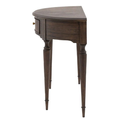 Rustic Country Farmhouse Dark Coffee Brown Mindi Wood 1 Drawer Half Moon Console Table With Hand Carved Legs