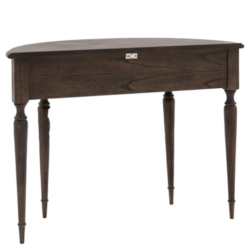 Rustic Country Farmhouse Dark Coffee Brown Mindi Wood 1 Drawer Half Moon Console Table With Hand Carved Legs