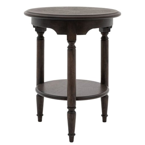 Rustic Country Farmhouse Dark Coffee Brown Mindi Wood 2 Tier Round Side Table With Hand Carved Legs