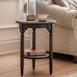 Rustic Country Farmhouse Dark Coffee Brown Mindi Wood 2 Tier Round Side Table With Hand Carved Legs
