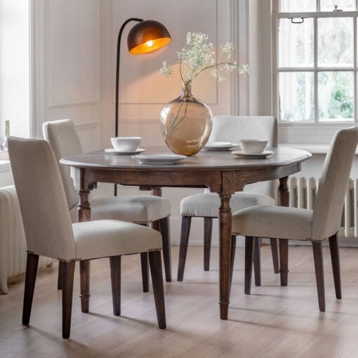 Rustic Country Farmhouse Dark Coffee Brown Mindi Wood Extending Round 4 - 6 Seater Dining Table With Hand Carved Legs 120cm - 160cm Rustic Country Farmhouse Dark Coffee Brown Mindi Wood Extending Round 4 - 6 Seater Dining Table With Hand Carved Legs 120cm - 160cm