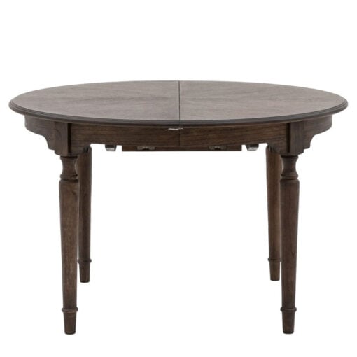 Rustic Country Farmhouse Dark Coffee Brown Mindi Wood Extending Round 4 - 6 Seater Dining Table With Hand Carved Legs 120cm - 160cm Rustic Country Farmhouse Dark Coffee Brown Mindi Wood Extending Round 4 - 6 Seater Dining Table With Hand Carved Legs 120cm - 160cm