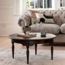 Rustic Country Farmhouse Dark Coffee Brown Mindi Wood Round Coffee Table With Hand Carved Legs 90cm