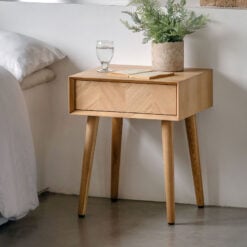 Rustic Scandi Japandi Light Oak Wood 1 Chevron Drawer Bedside Cabinet Side Table