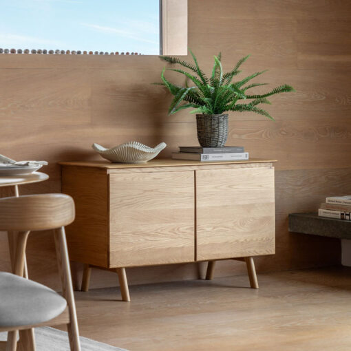 Rustic Scandi Japandi Light Oak Wood 2 Door Small Sideboard 116cm