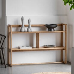 Rustic Scandi Japandi Light Oak Wood 2 Tier Low Open Display Shelving Unit Bookcase Slim Console Table 140cm