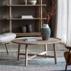 Rustic Scandi Japandi Solid Light Grey Oak Wood Round Coffee Table 90cm