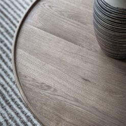 Rustic Scandi Japandi Solid Light Grey Oak Wood Round Coffee Table 90cm