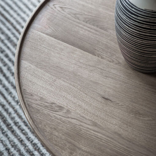 Rustic Scandi Japandi Solid Light Grey Oak Wood Round Coffee Table 90cm