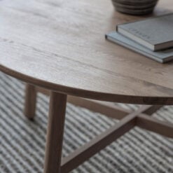 Rustic Scandi Japandi Solid Light Grey Oak Wood Round Coffee Table 90cm