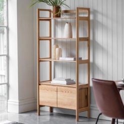 Rustic Scandi Japandi Solid Light Oak Wood 4 Tier 2 Door Bookcase Shelving Display Unit Cabinet 172cm