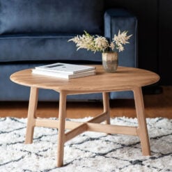 Rustic Scandi Japandi Solid Light Oak Wood Round Coffee Table 80cm