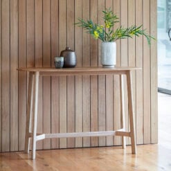 Rustic Scandi Japandi Solid Light Oak Wood Slim Oval Console Table 120cm