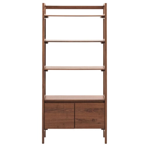 Rustic Scandi Japandi Solid Walnut Dark Brown Wood 4 Tier 2 Door Bookcase Shelving Display Unit Cabinet 172cm