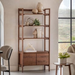 Rustic Scandi Japandi Solid Walnut Dark Brown Wood 4 Tier 2 Door Bookcase Shelving Display Unit Cabinet 172cm