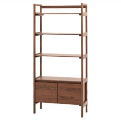 Rustic Scandi Japandi Solid Walnut Dark Brown Wood 4 Tier 2 Door Bookcase Shelving Display Unit Cabinet 172cm