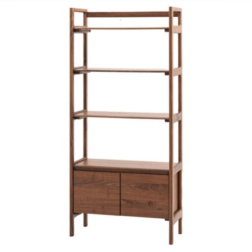 Rustic Scandi Japandi Solid Walnut Dark Brown Wood 4 Tier 2 Door Bookcase Shelving Display Unit Cabinet 172cm