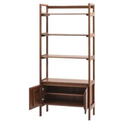 Rustic Scandi Japandi Solid Walnut Dark Brown Wood 4 Tier 2 Door Bookcase Shelving Display Unit Cabinet 172cm