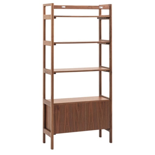 Rustic Scandi Japandi Solid Walnut Dark Brown Wood 4 Tier 2 Door Bookcase Shelving Display Unit Cabinet 172cm