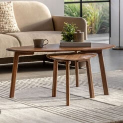 Rustic Scandi Japandi Solid Walnut Dark Brown Wood Nest Of Coffee Table And End Table