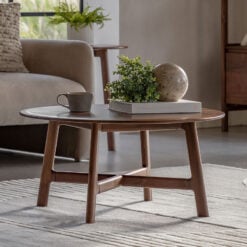 Rustic Scandi Japandi Solid Walnut Dark Brown Wood Round Coffee Table 80cm