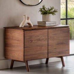 Rustic Scandi Japandi Walnut Dark Brown Wood 2 Door Small Sideboard 116cm