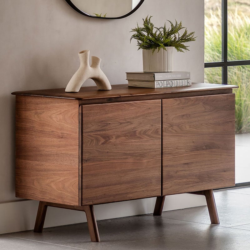 Rustic Scandi Japandi Walnut Dark Brown Wood 2 Door Small Sideboard 116cm Rustic Scandi Japandi Walnut Dark Brown Wood 2 Door Small Sideboard 116cm