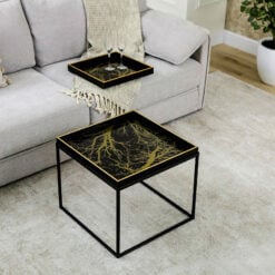 Black And Gold Abstract Glass Square Coffee Table With Black Metal Legs And Matching Smaller Tray