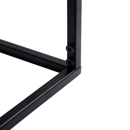 Black And Gold Abstract Glass Square Coffee Table With Black Metal Legs And Matching Smaller Tray