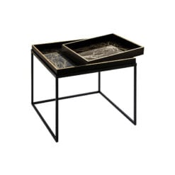 Black And Gold Abstract Glass Square Coffee Table With Black Metal Legs And Matching Smaller Tray