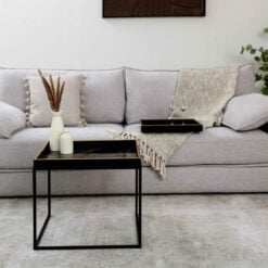 Black And Gold Abstract Glass Square Coffee Table With Black Metal Legs And Matching Smaller Tray