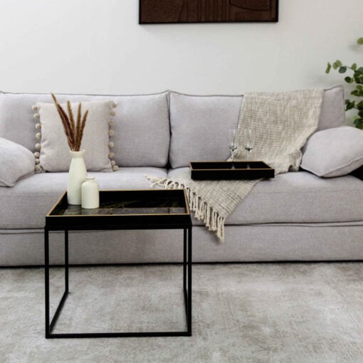 Black And Gold Abstract Glass Square Coffee Table With Black Metal Legs And Matching Smaller Tray