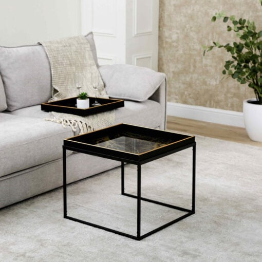 Black And Gold Abstract Glass Square Coffee Table With Black Metal Legs And Matching Smaller Tray