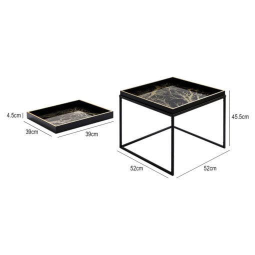 Black And Gold Abstract Glass Square Coffee Table With Black Metal Legs And Matching Smaller Tray