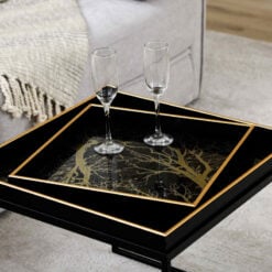 Black And Gold Abstract Glass Square Coffee Table With Black Metal Legs And Matching Smaller Tray