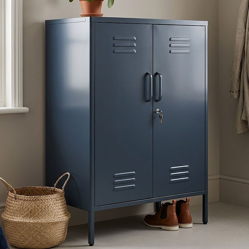 Boho Industrial Navy Blue Metal Locker Style 2 Door Cabinet 102cm Boho Industrial Navy Blue Metal Locker Style 2 Door Cabinet 102cm