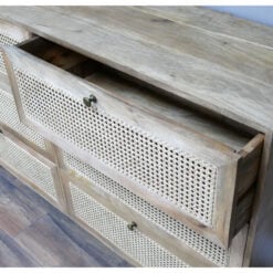 Boho Rustic Solid Light Mango Wood And Rattan Cane Large 6 Drawer Chest Of Drawers 150cm