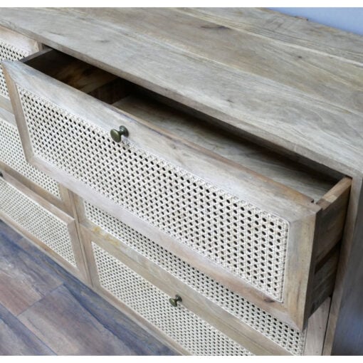 Boho Rustic Solid Light Mango Wood And Rattan Cane Large 6 Drawer Chest Of Drawers 150cm