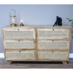 Boho Rustic Solid Light Mango Wood And Rattan Cane Large 6 Drawer Chest Of Drawers 150cm