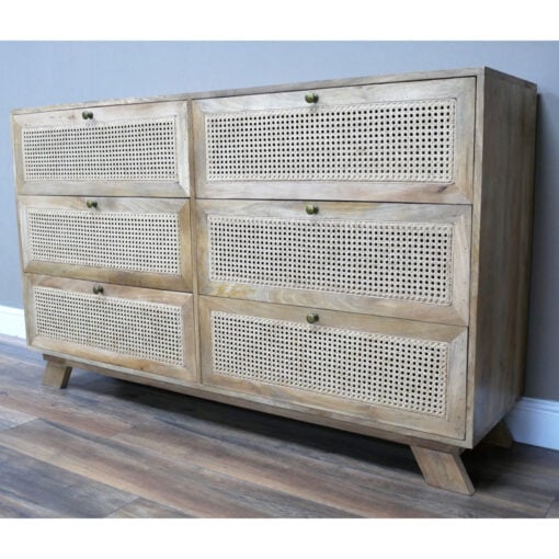 Boho Rustic Solid Light Mango Wood And Rattan Cane Large 6 Drawer Chest Of Drawers 150cm