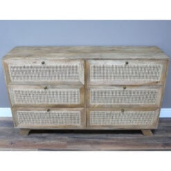 Boho Rustic Solid Light Mango Wood And Rattan Cane Large 6 Drawer Chest Of Drawers 150cm